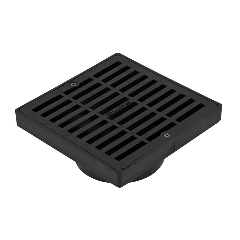 NDS 640 6-Inch Square Grate with Low-Profile Adapter Drain, Connects to 3-Inch and 4-Inch Drain Pipes and Fittings, for Small Lawns, Landscaping and Patios, Plastic, Black - Image 1